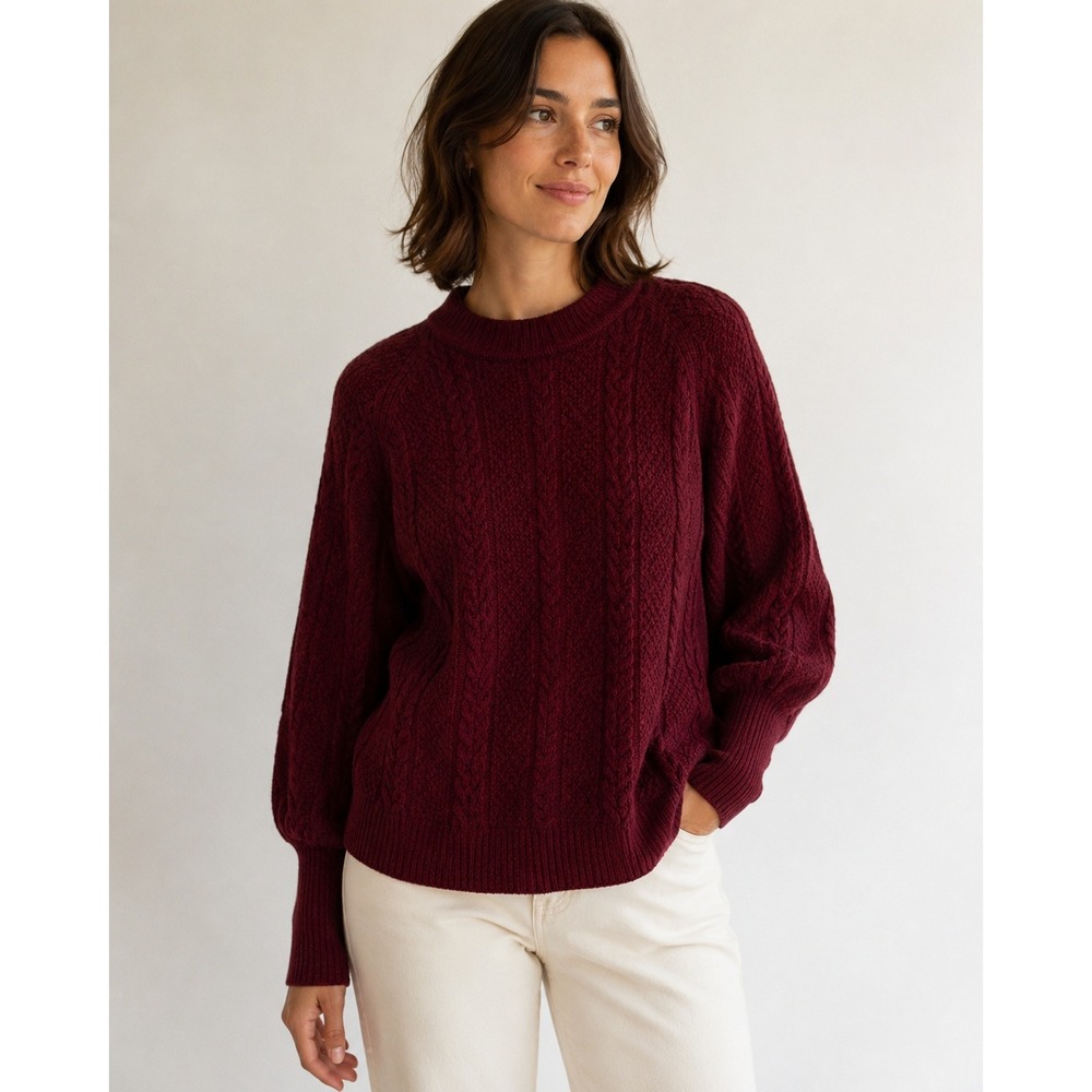 Burgundy‎ Cable Knit Sweater Womens Small Balloon Sleeve NA-KD Cozy